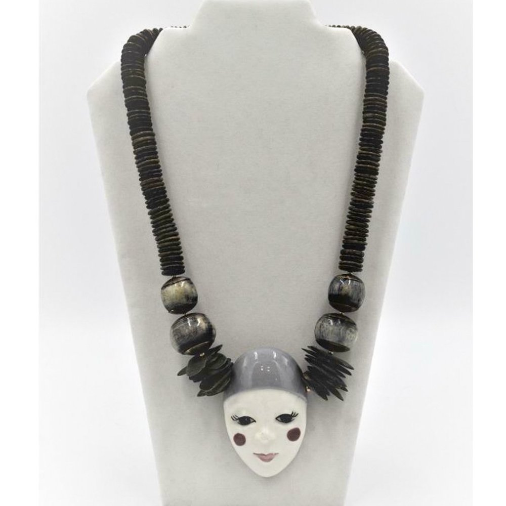 Vtg Ceramic Pierrot Face & Beaded Necklace 26"